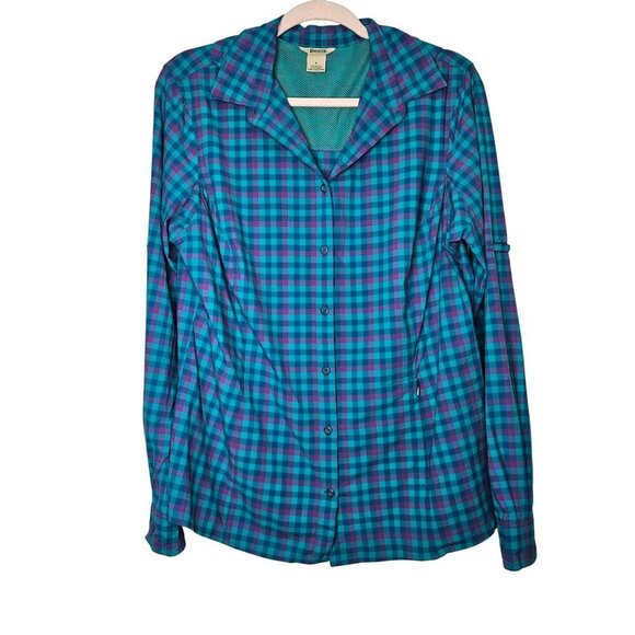 Duluth Trading Womens Large Blue Purple Plaid Button-Up Shirt Fishing Zip Pocket - Picture 1 of 13